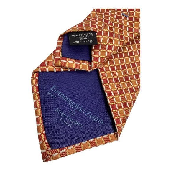 PATEK PHILIPPE By ERMENEGILDO ZEGNA Orange Geometric Silk Tie Italy 59"-3.5" E.C - Picture 4 of 6